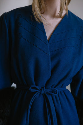 1940s cobalt blue wool fox fur cuff coat