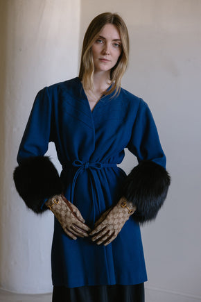 1940s cobalt blue wool fox fur cuff coat