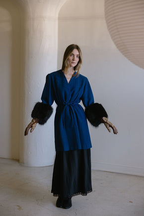 1940s cobalt blue wool fox fur cuff coat