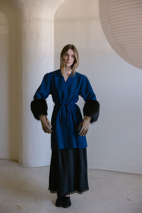 1940s cobalt blue wool fox fur cuff coat
