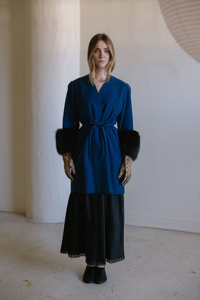 1940s cobalt blue wool fox fur cuff coat