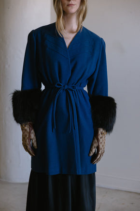 1940s cobalt blue wool fox fur cuff coat