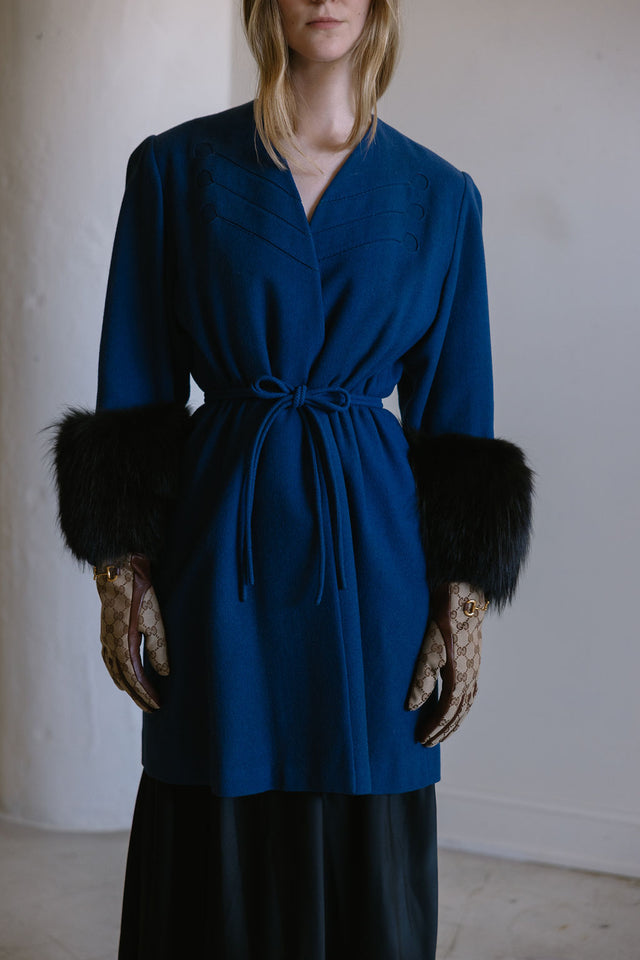 1940s cobalt blue wool fox fur cuff coat