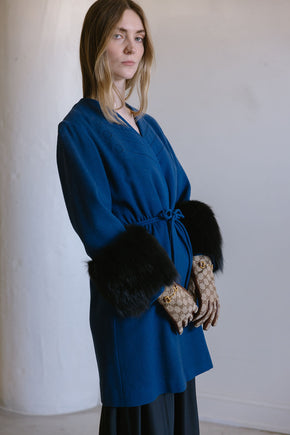 1940s cobalt blue wool fox fur cuff coat