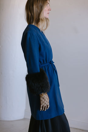 1940s cobalt blue wool fox fur cuff coat