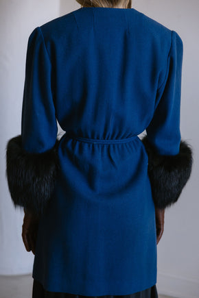 1940s cobalt blue wool fox fur cuff coat