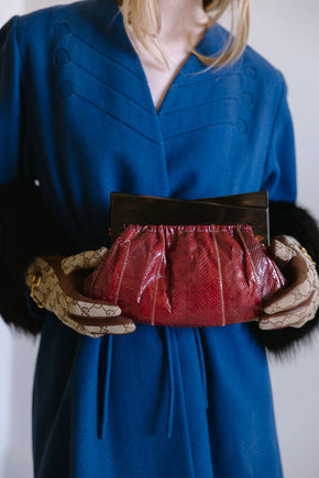 1960s red bakelite lizard clutch