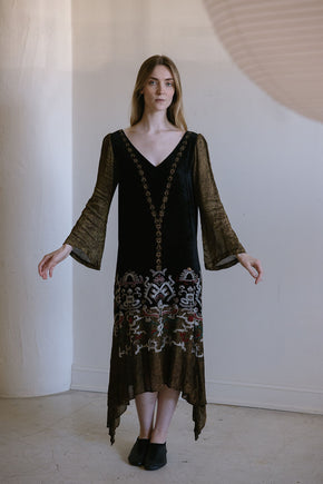 1920s beaded lamé Egyptian revival gown