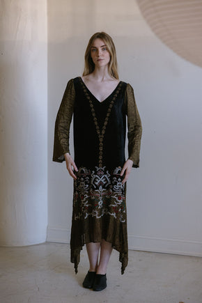 1920s beaded lamé Egyptian revival gown