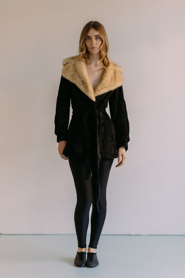 1950s peplum Persian lamb and blonde fox fur coat