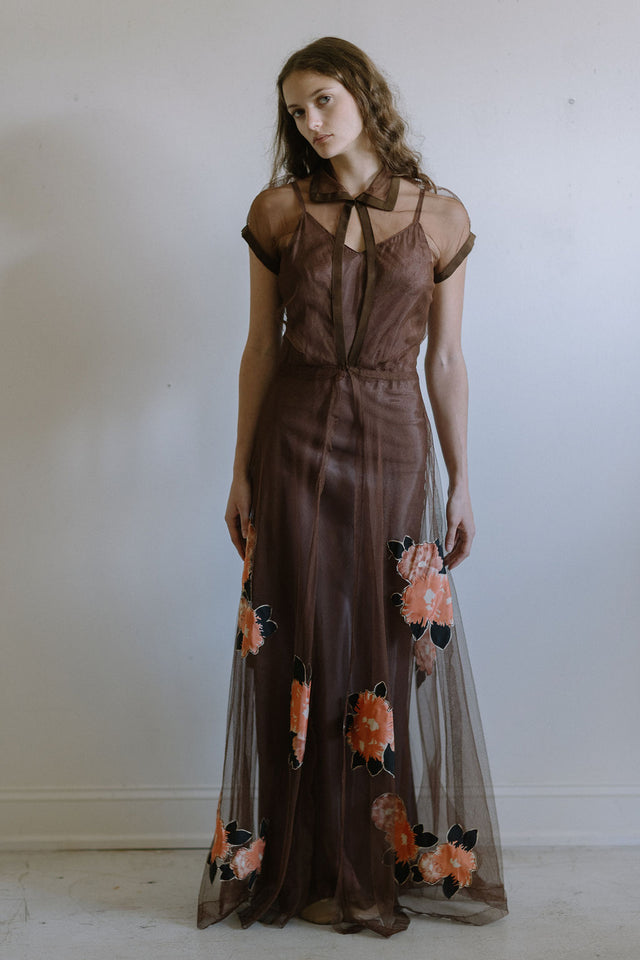 1930s floral net applique gown