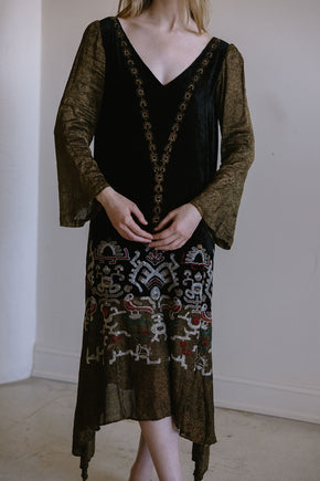 1920s beaded lamé Egyptian revival gown
