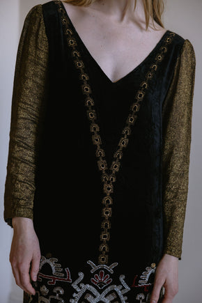 1920s beaded lamé Egyptian revival gown