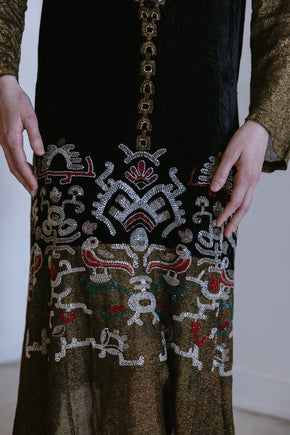1920s beaded lamé Egyptian revival gown