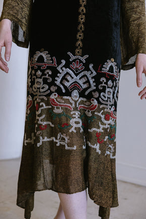 1920s beaded lamé Egyptian revival gown