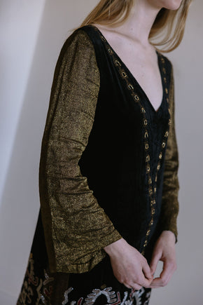 1920s beaded lamé Egyptian revival gown