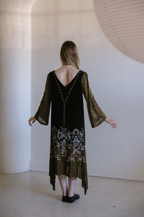 1920s beaded lamé Egyptian revival gown