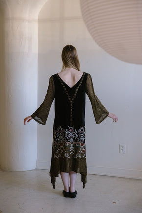 1920s beaded lamé Egyptian revival gown