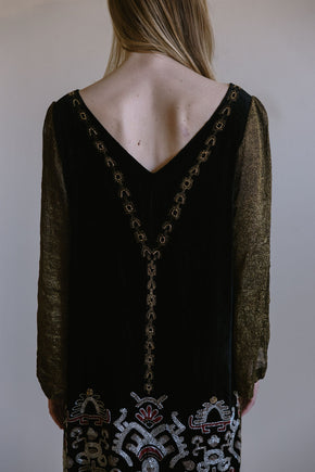 1920s beaded lamé Egyptian revival gown