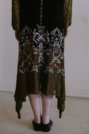 1920s beaded lamé Egyptian revival gown
