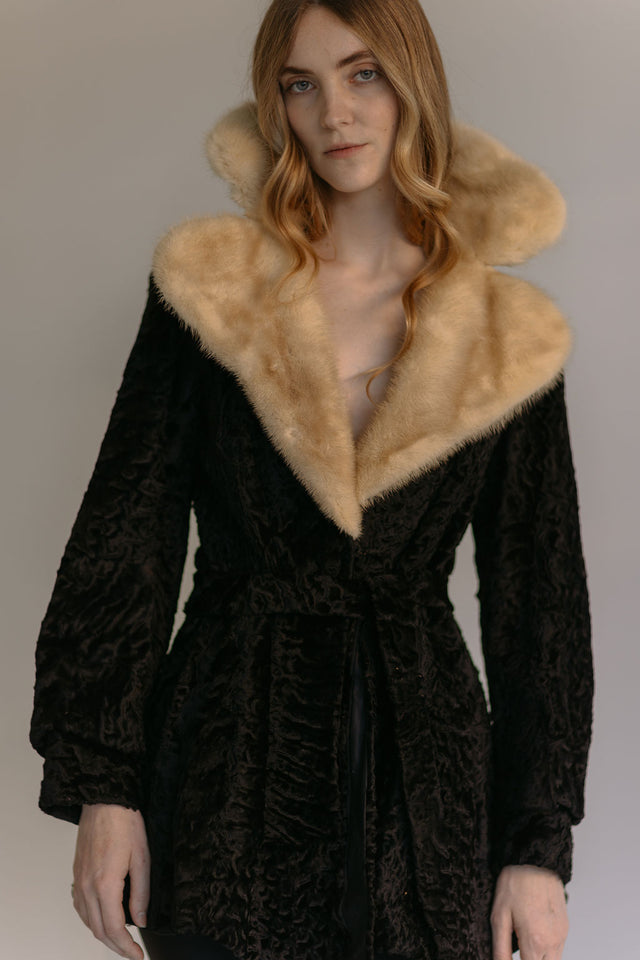 1950s peplum Persian lamb and blonde fox fur coat