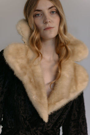 1950s peplum Persian lamb and blonde fox fur coat