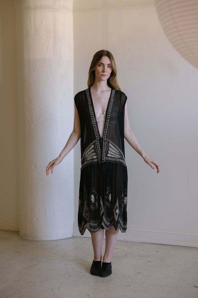 1920s English art deco silk chiffon beaded set