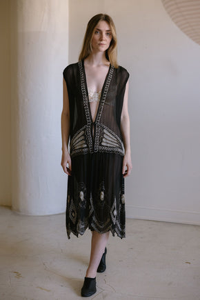 1920s English art deco silk chiffon beaded set