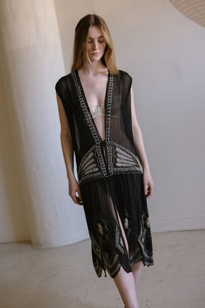 1920s English art deco silk chiffon beaded set