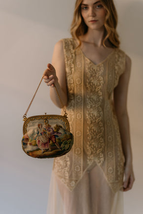 1900s English needlepoint figural gilt framed bag