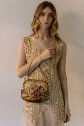 1900s English needlepoint figural gilt framed bag