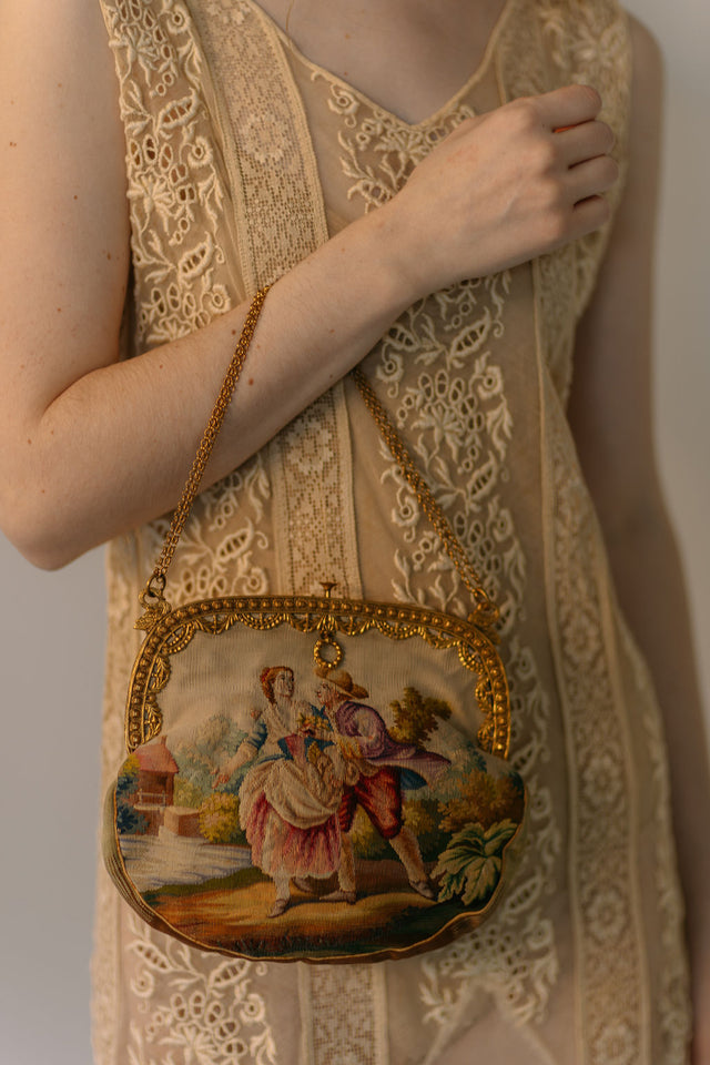 1900s English needlepoint figural gilt framed bag