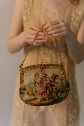 1900s English needlepoint figural gilt framed bag