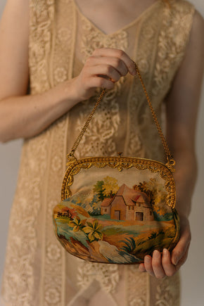 1900s English needlepoint figural gilt framed bag