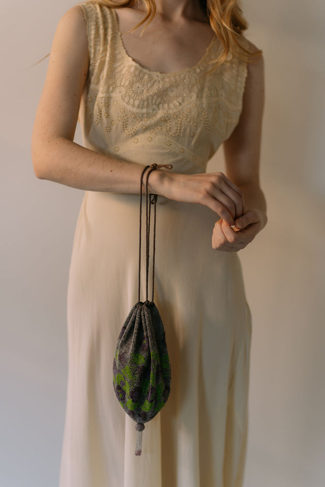1920s beaded purple and green floral evening bag