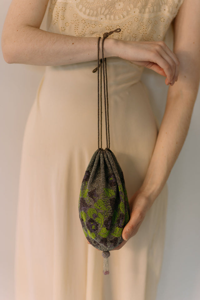 1920s beaded purple and green floral evening bag