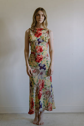 1930s floral silk crepe evening gown