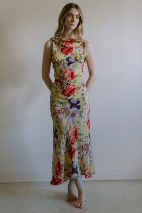 1930s floral silk crepe evening gown