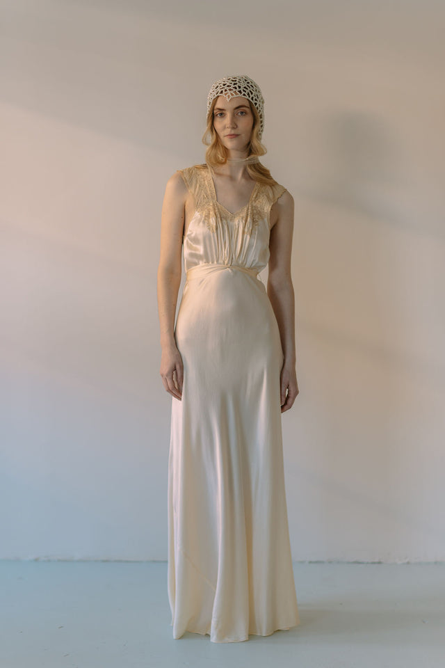 1930s bias cut cream silk lace trousseau gown