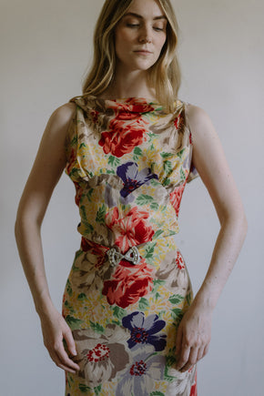 1930s floral silk crepe evening gown