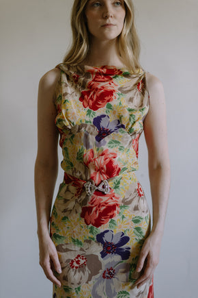 1930s floral silk crepe evening gown