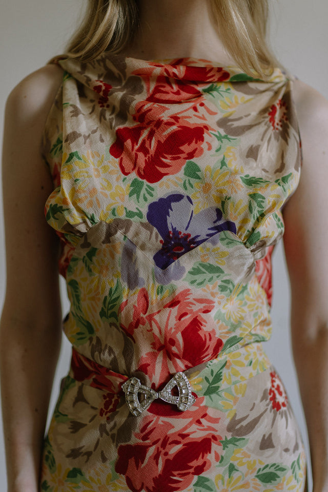 1930s floral silk crepe evening gown