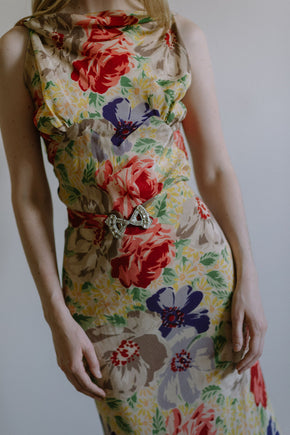 1930s floral silk crepe evening gown