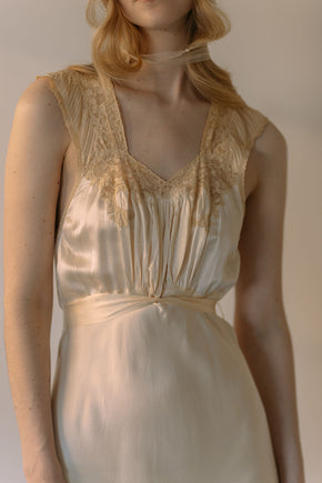 1930s bias cut cream silk lace trousseau gown