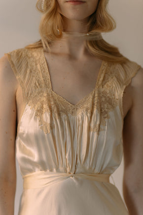 1930s bias cut cream silk lace trousseau gown