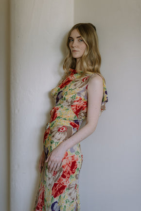 1930s floral silk crepe evening gown