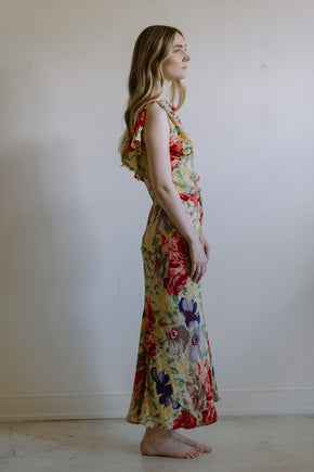 1930s floral silk crepe evening gown