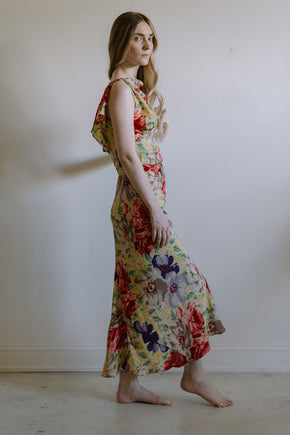 1930s floral silk crepe evening gown