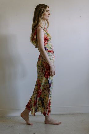 1930s floral silk crepe evening gown