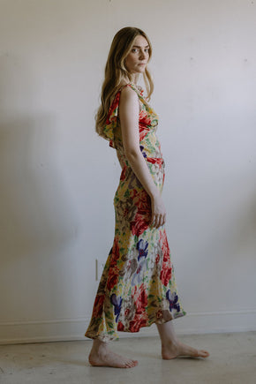 1930s floral silk crepe evening gown